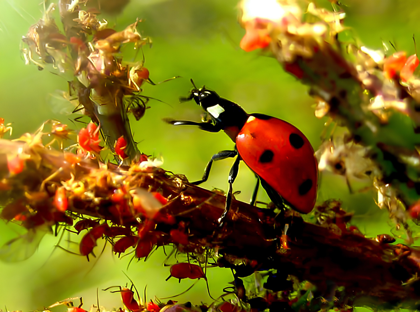 Red ladybug on a branch with green leaves in the background